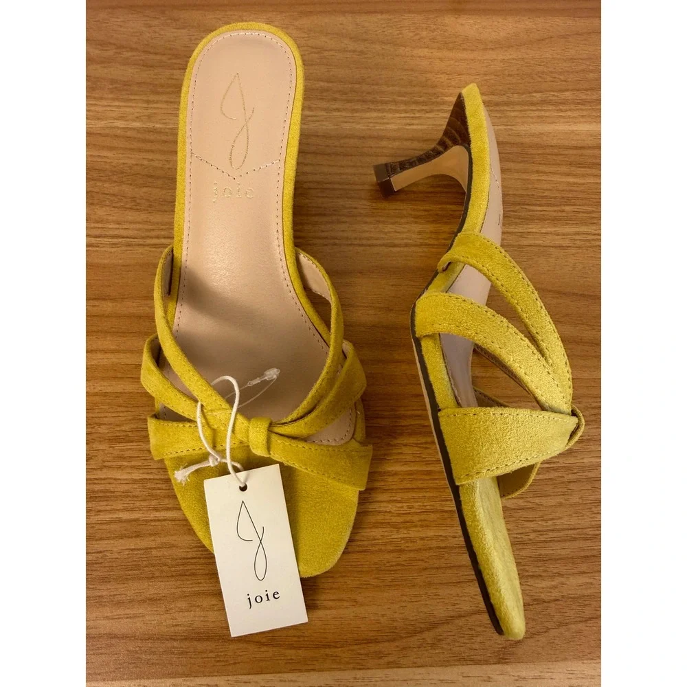 Joie Chartreuse Suede Bow Heeled Sandals Strappy Square Toe Kitten Heel Size 7.5